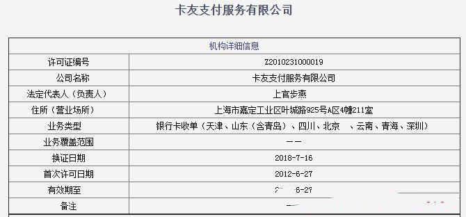 卡友支付牌照，卡友支付服务有限公司