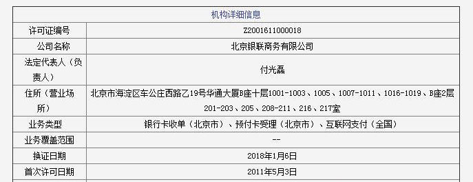 银联商务最新支付牌照